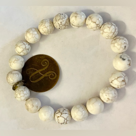 Gemstone bead elastic bracelet w/ A initial charm jewelry - Picture 8 of 16